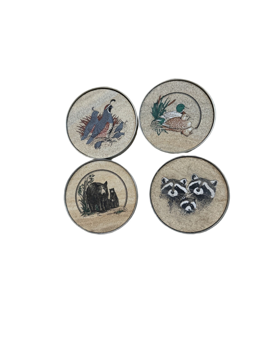 Vintage Forestry Animal Coasters With Silver Tray Holders Heavy